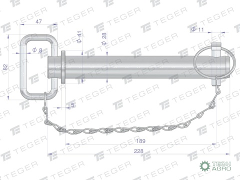 Sworzeń zaczepu z zawleczką i łańcuchem28x189x228 TEGER