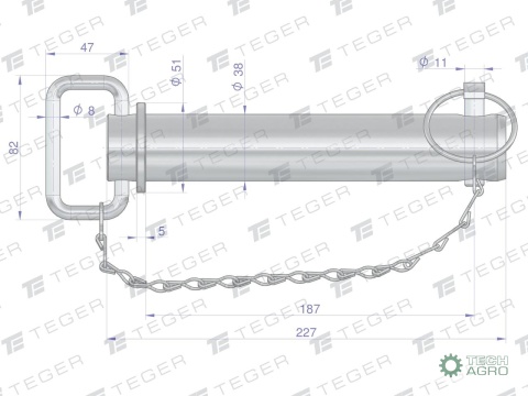 Sworzeń zaczepu z zawleczką i łańcuchem38x187x227 TEGER