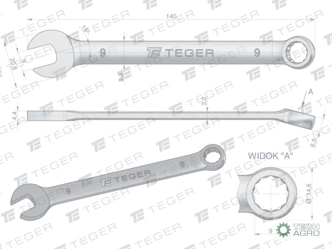 Klucz płasko-oczkowy 9 mm / TEGER