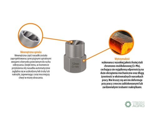 Nasadka do odkręcania uszkodzonych śrubi nakrętek, (12mm) - kute/ stal Cr-Mo, Teger