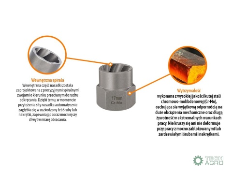 Nasadka do odkręcania uszkodzonych śrubi nakrętek, (17mm) - kute/ stal Cr-Mo, Teger