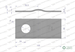 Nóż. nożyk kosiarka gięty 105x46x3mm otwór 21 zastosowanie CM120 Vicon Kverneland WARYŃSKI ( sprzedawane po 25 )