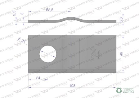 Nóż. nożyk kosiarka gięty 108x46x3mm otwór 21 zastosowanie CM120-108 PZ WARYŃSKI ( sprzedawane po 25 ) Nóż. nożyk kosiarka gięty 108x46x3mm otwór 21 zastosowanie CM120-108 PZ WARYŃSKI ( sprzedawane po 25 )
