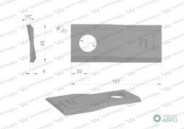 Nóż. nożyk kosiarka lewy 107x46x4mm otwór 21 WARYŃSKI ( sprzedawane po 25 )