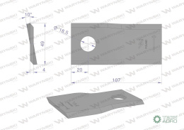 Nóż. nożyk kosiarka lewy 107x48x4mm otwór 18.5 zastosowanie 90261559 99361559 Vicon WARYŃSKI ( sprzedawane po 25 )