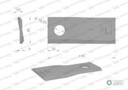 Nóż. nożyk kosiarka lewy 115x45x4mm otwór 18.25 zastosowanie 55906000 CC23499 Kuhn WARYŃSKI ( sprzedawane po 25 )