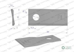 Nóż. nożyk kosiarka lewy 94X40X3mm otwór 16 zastosowanie RF 94 Famarol WARYŃSKI ( sprzedawane po 25 )
