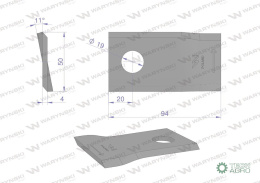 Nóż. nożyk kosiarka lewy 94x50x4mm otwór 19 zastosowanie 58031193 BCS WARYŃSKI ( sprzedawane po 25 )