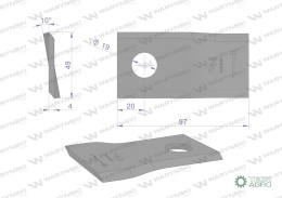 Nóż. nożyk kosiarka lewy 97x48x4mm otwór 19 zastosowanie 13800023 JF-Stoll WARYŃSKI ( sprzedawane po 25 )
