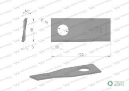 Nóż. nożyk kosiarka prawy 100x40x3mm otwór 19 zastosowanie 580290955 BCS Sipma WARYŃSKI ( sprzedawane po 25 )