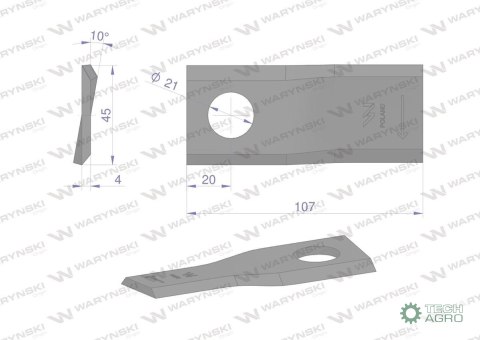 Nóż. nożyk kosiarka prawy 107x46x4mm otwór 21 WARYŃSKI ( sprzedawane po 25 ) Nóż. nożyk kosiarka prawy 107x46x4mm otwór 21 WARYŃSKI ( sprzedawane po 25 )