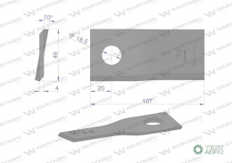 Nóż. nożyk kosiarka prawy 107x48x4mm otwór 18.5 zastosowanie 90261560 99361560 Vicon WARYŃSKI ( sprzedawane po 25 )