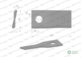 Nóż. nożyk kosiarka prawy 107x50x4mm otwór 19 zastosowanie 13800032 JF-Stoll WARYŃSKI ( sprzedawane po 25 )