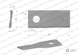 Nóż. nożyk kosiarka prawy 94X40X3mm otwór 16 zastosowanie RF 94 Famarol WARYŃSKI ( sprzedawane po 25 )