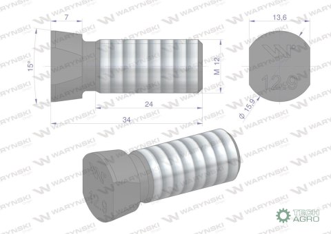 Śruba kpl. płużna oval z dwóch stron ścięta M12x34 mm kl.12.9 zastosowanie Kverneland Waryński M12X34OV2KV Śruba kpl. płużna oval z dwóch stron ścięta M12x34 mm kl.12.9 zastosowanie Kverneland Waryński M12X34OV2KV