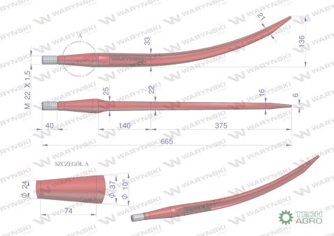 Ząb ładowacza czerwony wygięty zamykający L- 680 mm chwytak (krokodyl) zas. 5193-FT89K Tur WARYŃSKI W9132-680K Ząb ładowacza czerwony wygięty zamykający L- 680 mm chwytak (krokodyl) zas. 5193-FT89K Tur WARYŃSKI W9132-680K