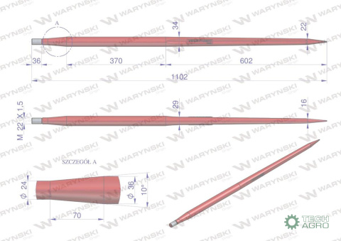 Ząb ładowacza uniwersalny czerwony prosty L- 1100 mm zastosowanie 5193-RT1 Tur WARYŃSKI W9132-1000P Ząb ładowacza uniwersalny czerwony prosty L- 1100 mm zastosowanie 5193-RT1 Tur WARYŃSKI W9132-1000P