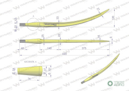 Ząb ładowacza wygięty zamykający L- 680 mm chwytak (krokodyl) zastosowanie 5193-FT89K Tur WARYŃSKI